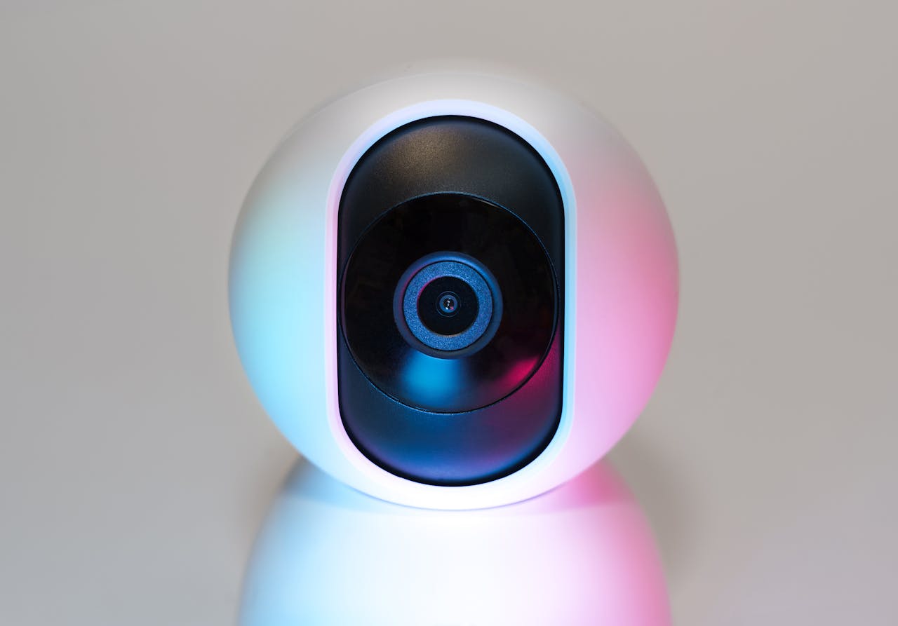 Offerings Futuristic IP security camera in soft lighting, perfect for modern smart home setups.